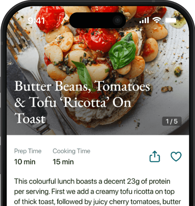 SO VEGAN App showing a recipe card with butter beans, tomatoes and tofu ricotta on toast