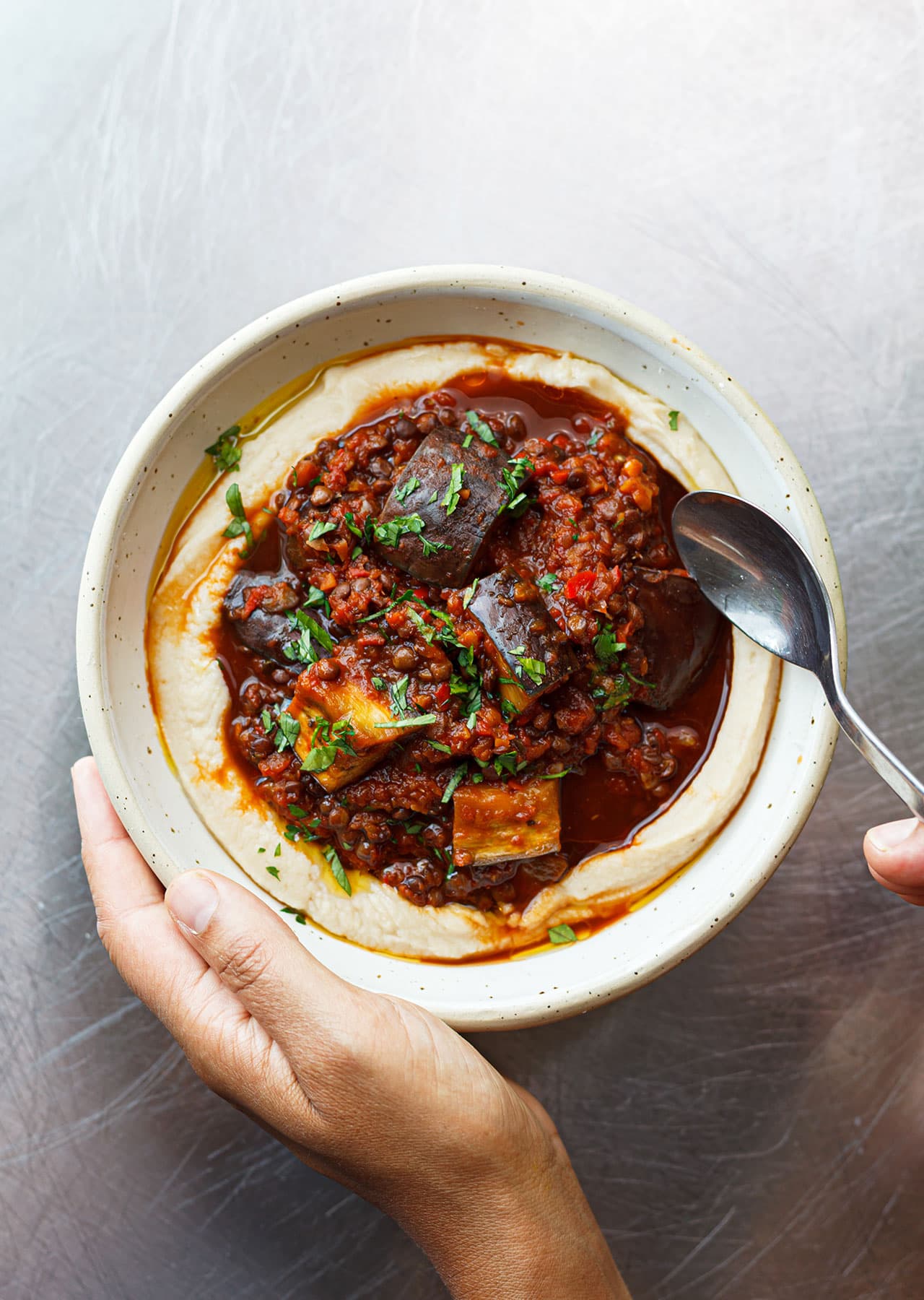 Aubergine + Lentil Ragù With Butter Bean Purée