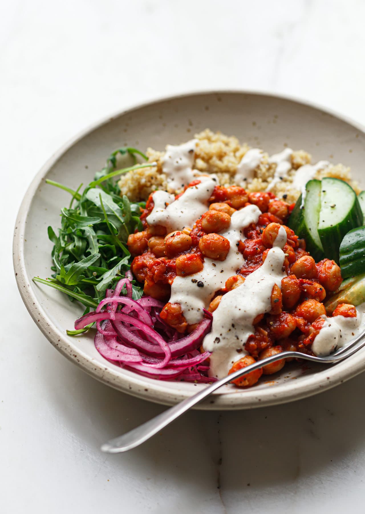 Harissa Chickpeas + Quinoa Bowl