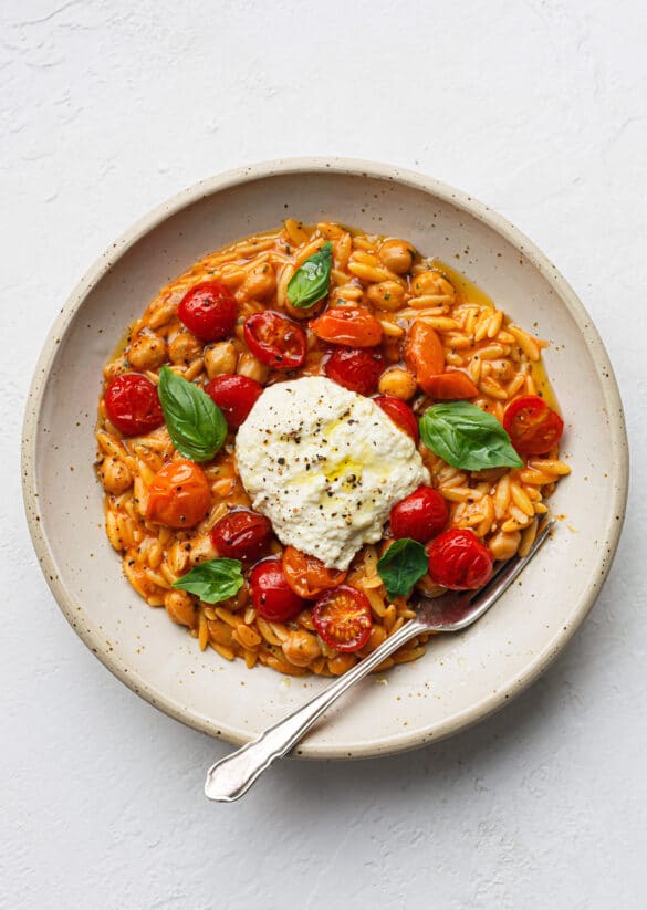 Roasted Cherry Tomato And Chickpea Orzo With Almond Ricotta Vegan Recipe