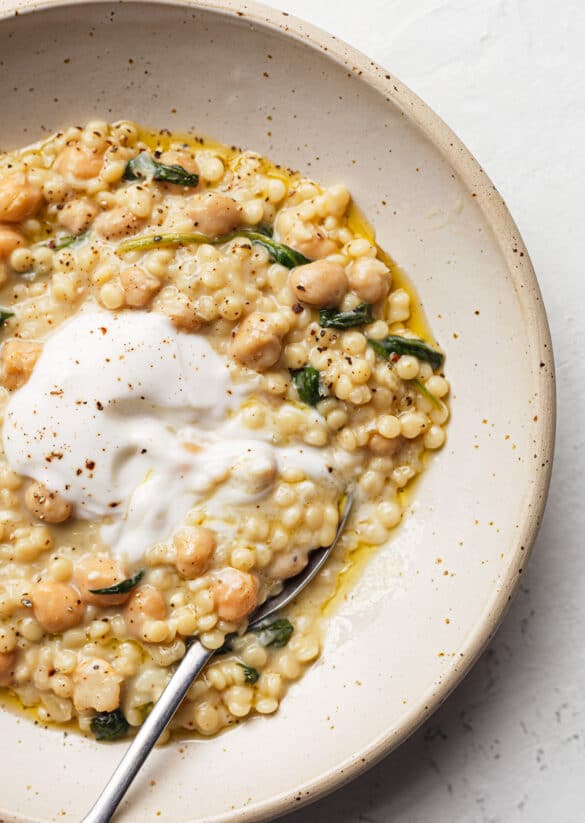 Creamy Giant Couscous With Chickpeas And Spinach Vegan Recipe