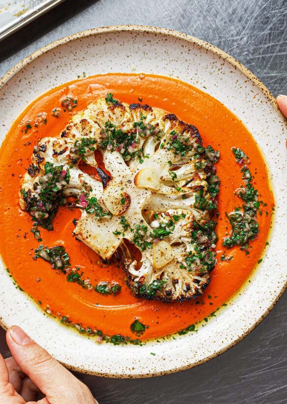 Roasted Cauliflower Steaks Garlic Romesco Sauce Parsley Dressing Vegan Recipe