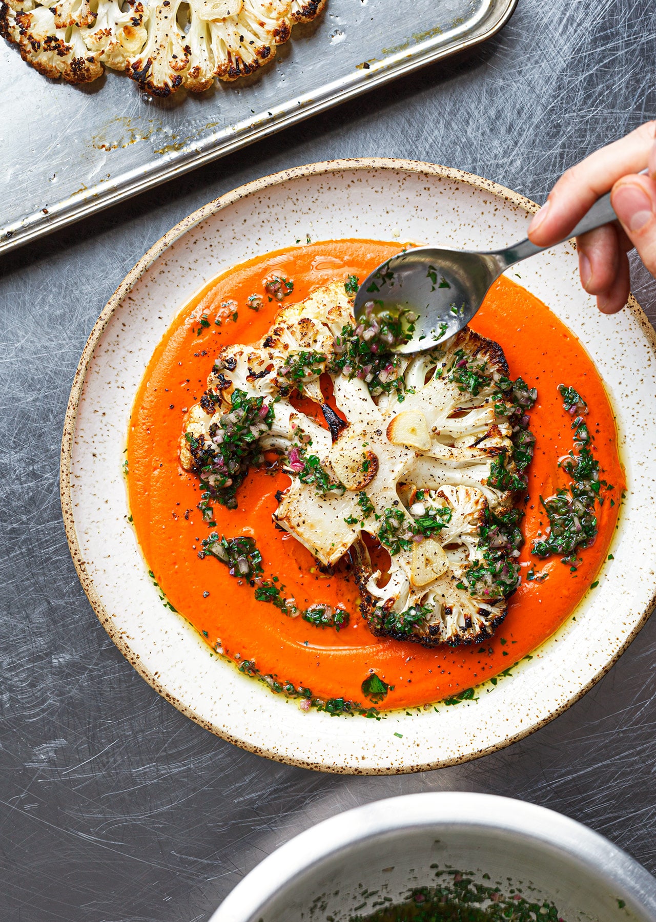 Roasted Cauliflower Steaks Garlic Romesco Sauce Parsley Dressing Vegan Recipe