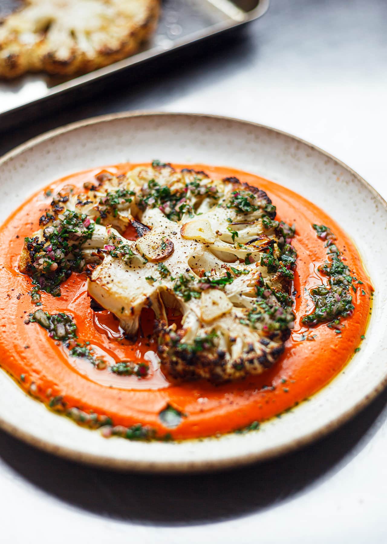 Roasted Cauliflower Steaks Garlic Romesco Sauce Parsley Dressing Vegan Recipe