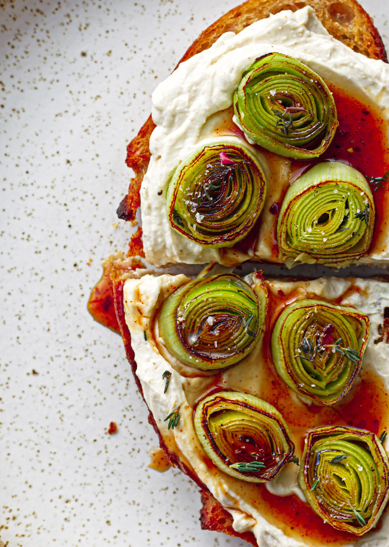 Plant Based Vegan Leeks On Toast With Tahini Yoghurt Hot Maple Sauce Recipe